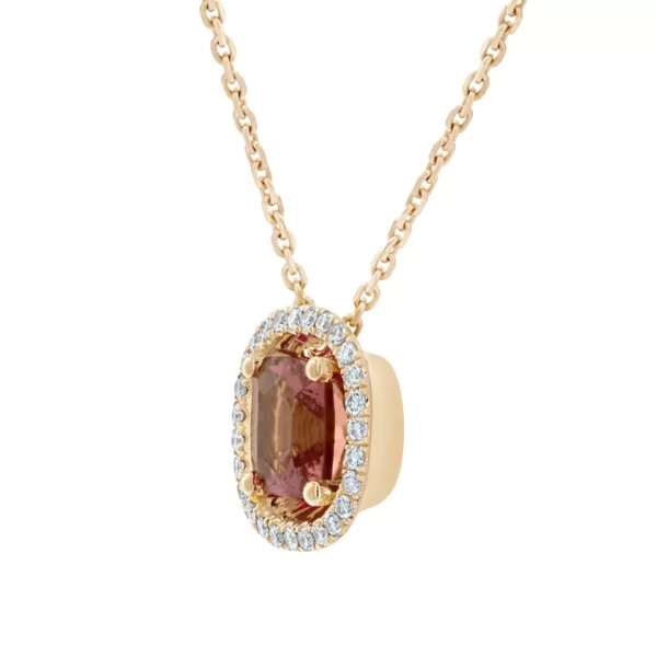 collier en or jaune 18K avec une une pierre coussin en tourmaline rose et diamants VVS