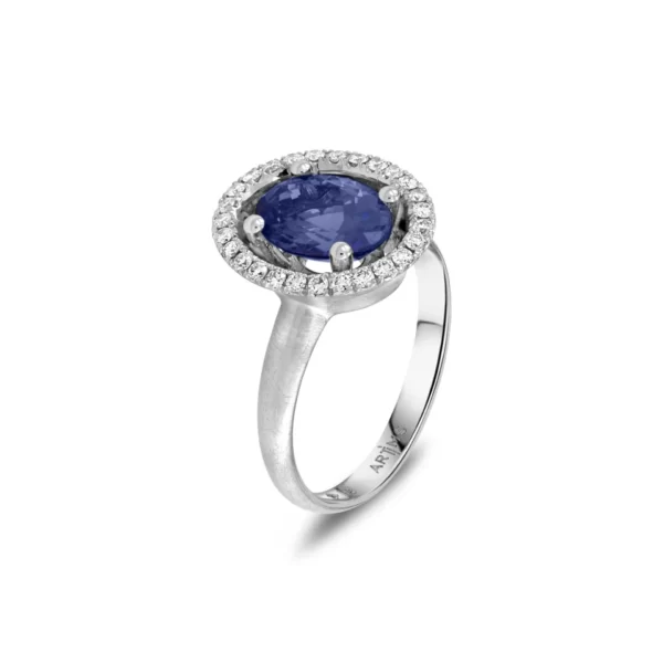 ring in white gold 18K with oval blue tanzanite stone and diamonds VVS