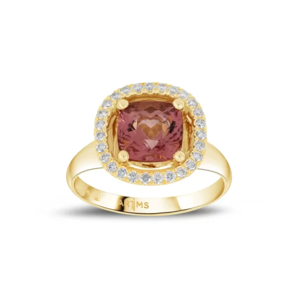 bague en or jaune 18K avec une une pierre coussin en tourmaline rose et diamants VVS