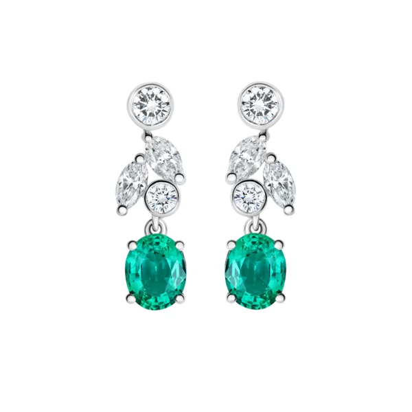 earrings white gold 18K with oval green emerald, two marquise diamonds VVS and two round diamonds VVS