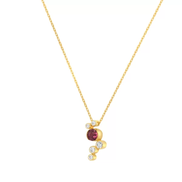 collier en or jaune 18K avec une pierre ronde en tourmaline rouge et diamants VS