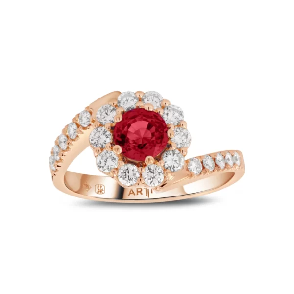 ring in pink gold 18K with round ruby and diamonds VS