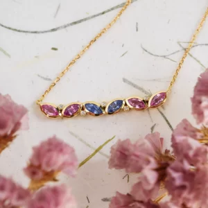 necklace in yellow gold 18K with marquise in pink and blue saphir and diamonds