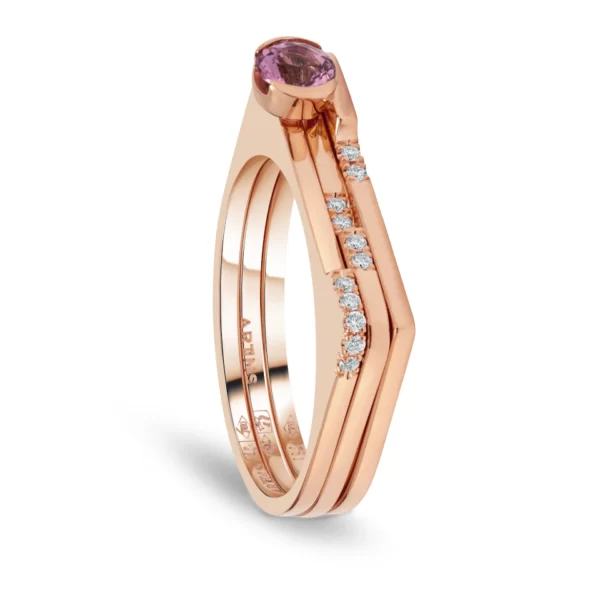 ring in pink gold 18K with round pink tourmaline stone and diamonds VS