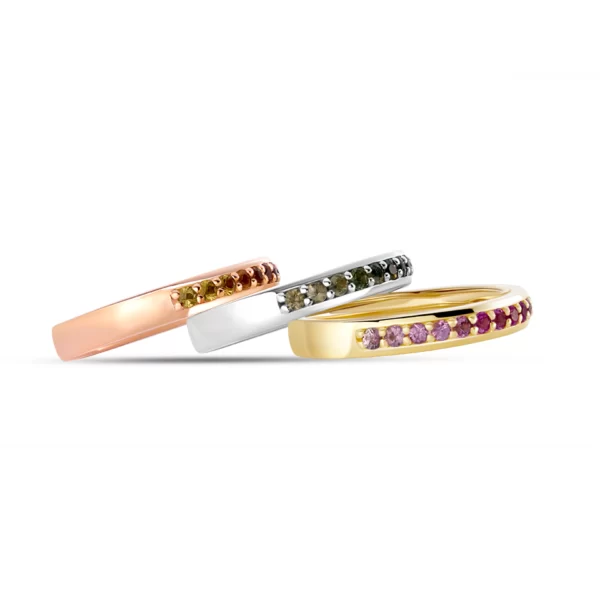 wedding rings in yellow white and pink gold 18K with pink green and red degraded saphir