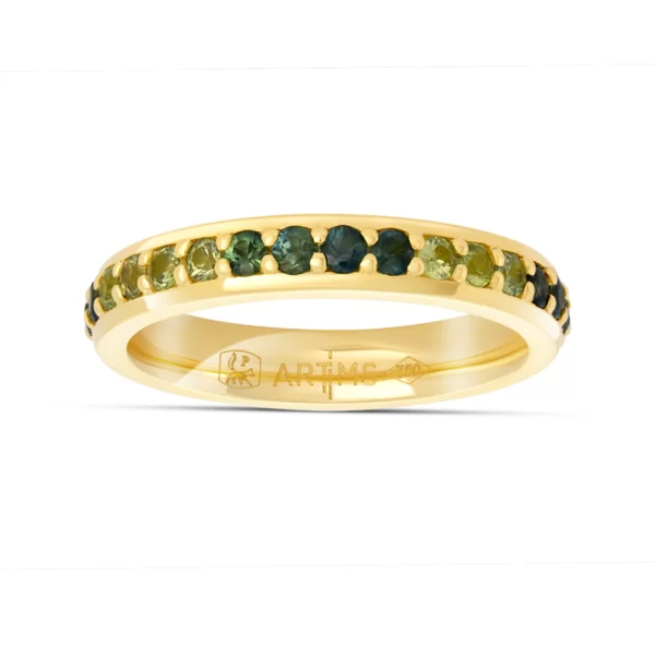 wedding ring in yellow gold and green degraded saphir