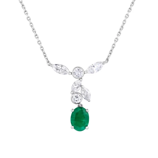 Necklace in white gold 18K with emerald central stone, 4 marquise diamonds VS and two round diamonds VVS