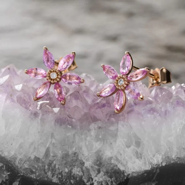 earrings in pink gold 18K with marquise in pink saphir and diamond