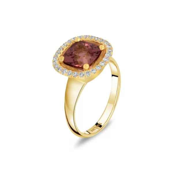 ring in yellow gold 18K with cushion pink tourmaline stone and diamonds VVS