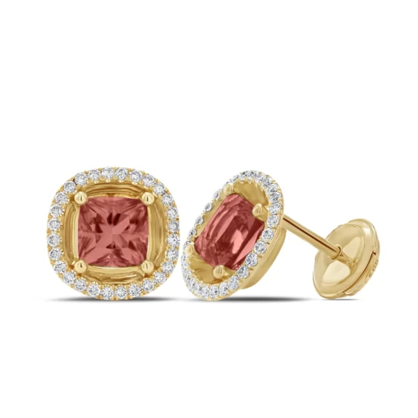 earrings yellow gold 18K with cushion pink tourmaline stone and diamonds VVS