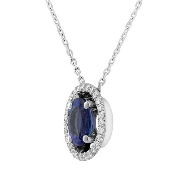 collier en or blanc 18K avec une pierre ovale en tanzanite bleu et diamants VVS