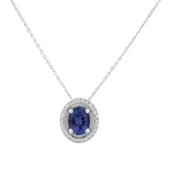 necklace white gold 18K with oval blue tanzanite stone and diamonds VVS