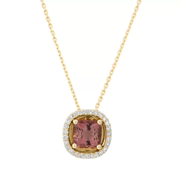 necklace yellow gold 18K with cushion pink tourmaline stone and diamonds VVS