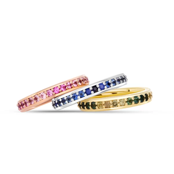 wedding rings in yellow white and pink gold 18K with pink green and blue degraded saphir