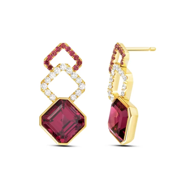 earings yellow gold 18K with red rhodolite stones and diamonds VVS