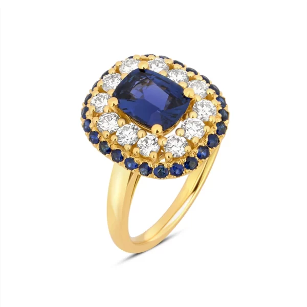 ring in yellow gold 18K with cushion saphir, diamonds and round saphir